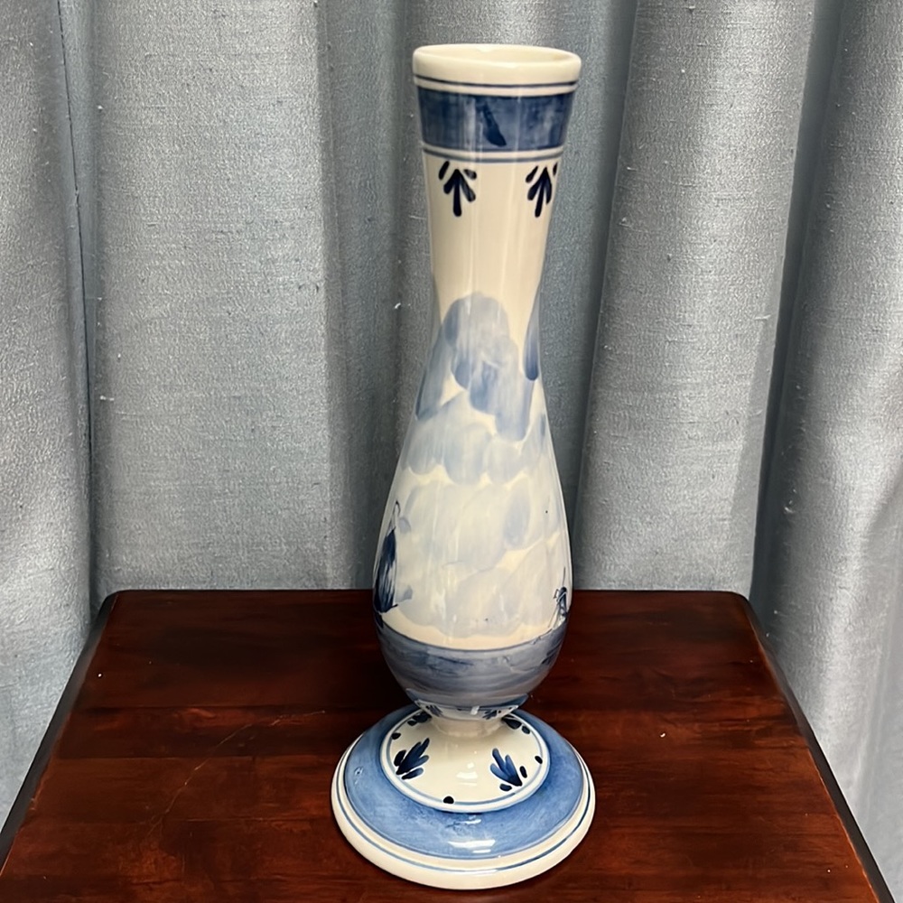 Tall Slender Blue Delft Bud Vase w/ Windmill on one side, Sailboat on the other - Picture 10 of 14